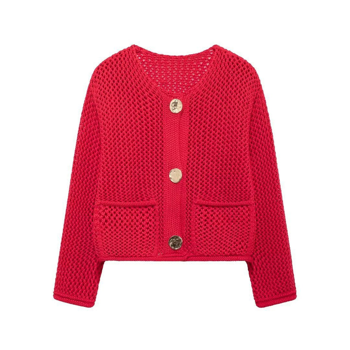 Damen Strickjacke mit offener Netz-Struktur, Zierknöpfen und aufgesetzten Taschen – Célinea