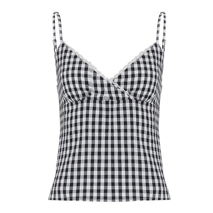 Damen V-Ausschnitt Vichy-Trägertop mit Spitzendetails Echo Archiv
