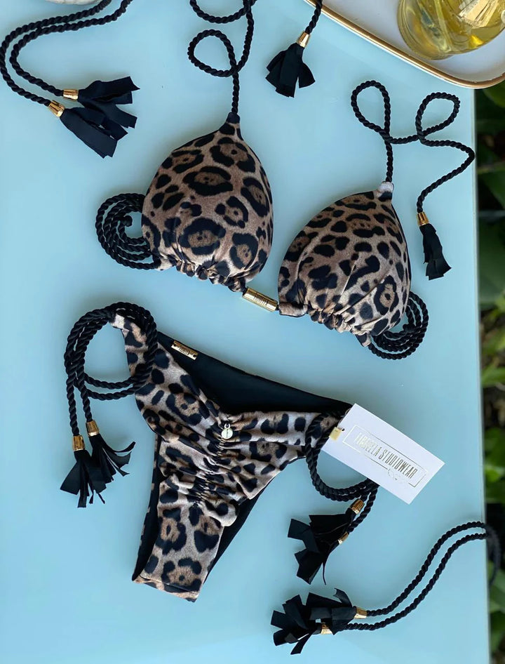 Damen Bikini-Set mit elegantem Leopardenmuster und modischen Quasten Echo Archiv