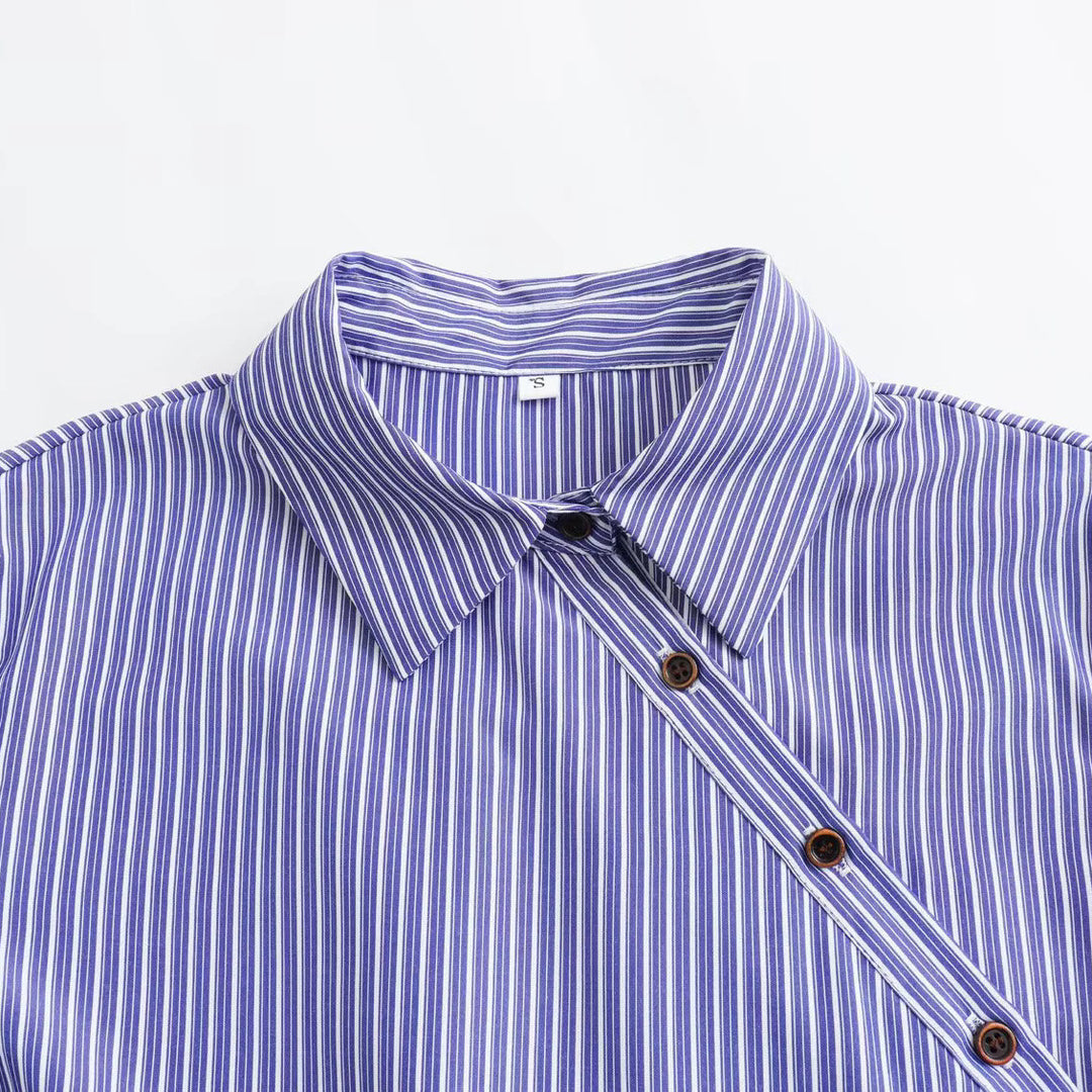 Damen Oversize Streifenbluse mit diagonaler Knopfleiste und Kentkragen Echoarchiv