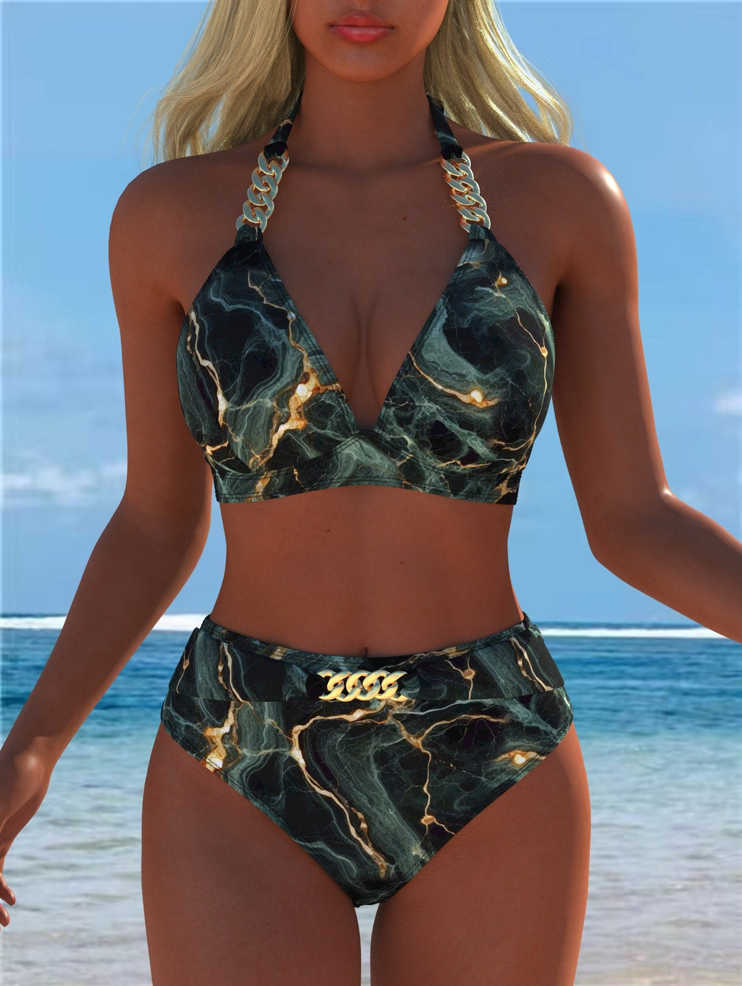 Damen Bikini mit luxuriösem Marmormuster und edlen Details Echoarchiv