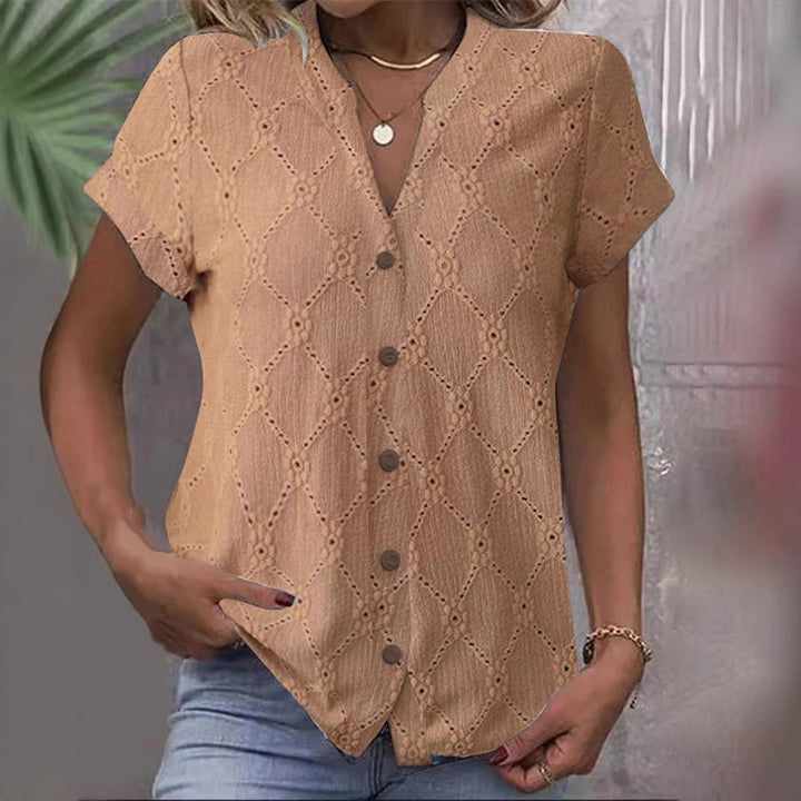 Damen nan kurzärmlige Broderie-Bluse mit V-Ausschnitt und durchgehender Knopfleiste Echo Archiv
