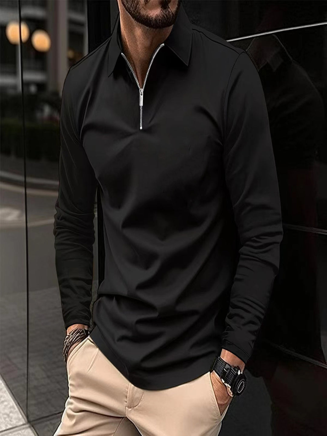 Herren Langarmshirt mit Reißverschluss und modernem Kragen Echoarchiv