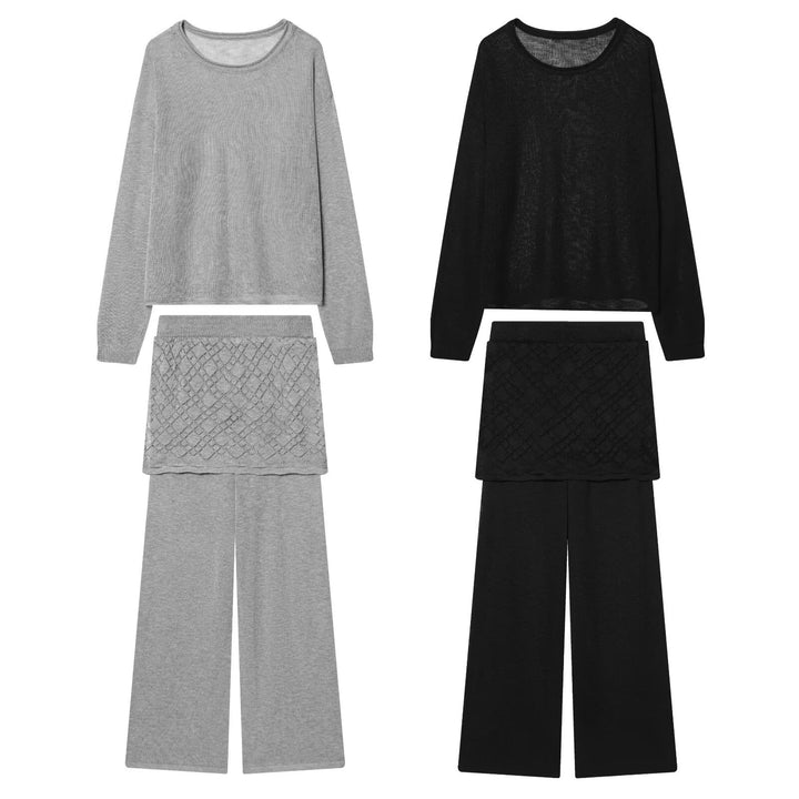 Damen Strick-Lounge-Set mit weitem Rundhals-Pullover und Highwaist-Schlaghose mit Spitzen-Detail Echo Archiv