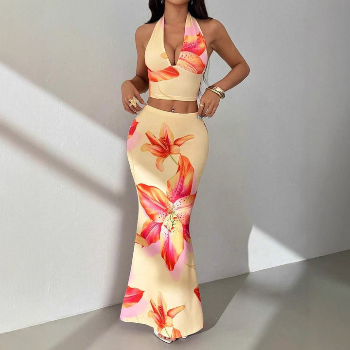 Damen Zweiteiliges Sommeroutfit mit floralem Design und elegantem V-Ausschnitt Echo Archiv