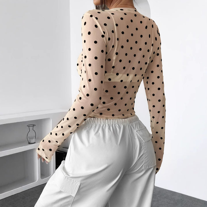 Damen nan bauchfreies Netzstoff-Oberteil mit Punktmuster und integriertem Bustier Echo Archiv