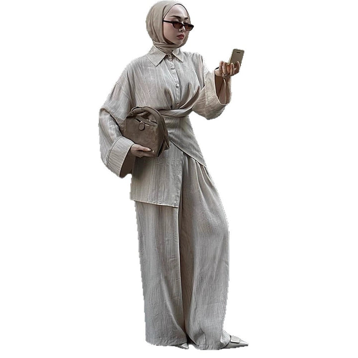 Damen Lässiges Tunika-Set mit Wickelgürtel und weiter Palazzohose Echoarchiv