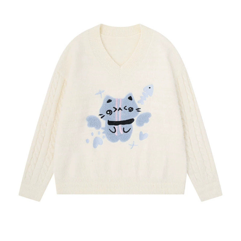 Damen V-Ausschnitt Strickpullover mit Zopfärmeln und Chenille-Katzenmotiv Echoarchiv