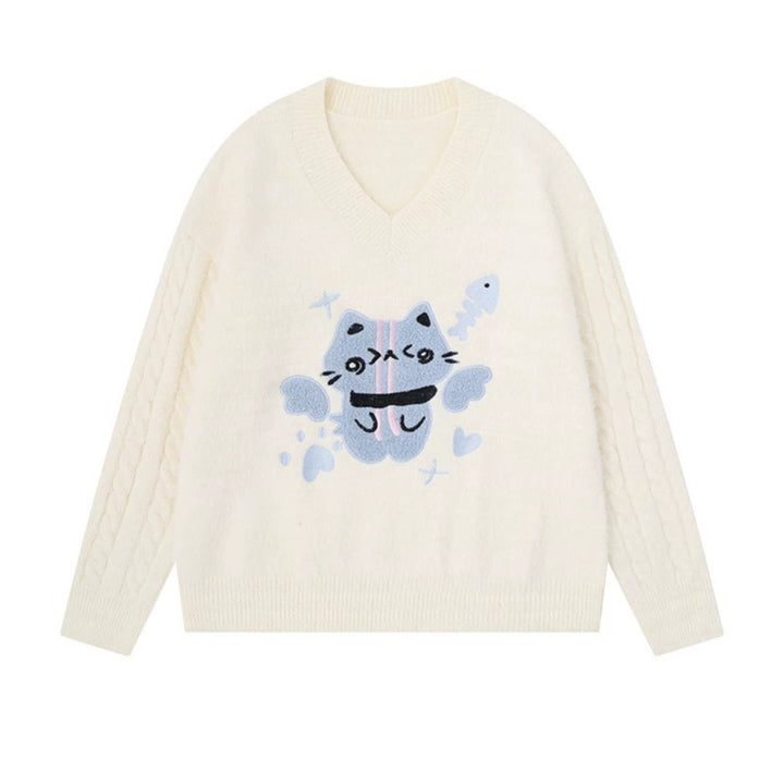 Damen V-Ausschnitt Strickpullover mit Zopfärmeln und Chenille-Katzenmotiv Echoarchiv