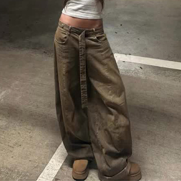 Damen Hochtaillierte weite Denim-Hose mit breitem Bindegürtel Echo Archiv