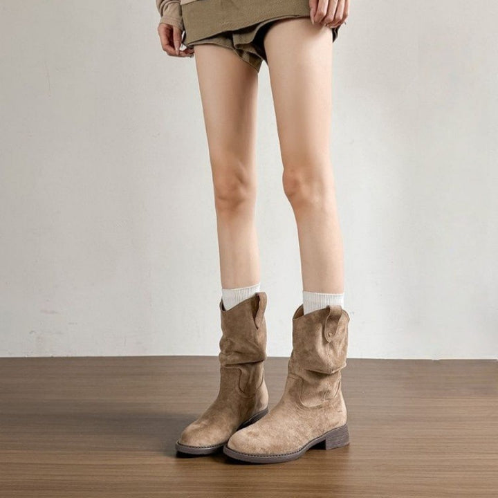 Damen Slouch-Stiefel aus Veloursleder mit gerafftem Schaft Echo Archiv