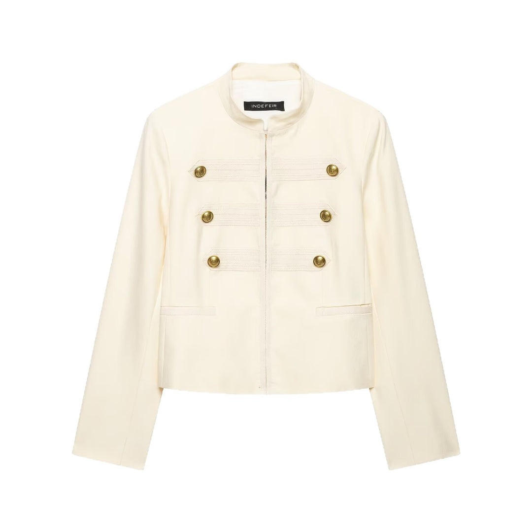 Damen Cropped Militärblazer mit Stehkragen, Zierstreifen und goldenen Statementknöpfen Echoarchiv