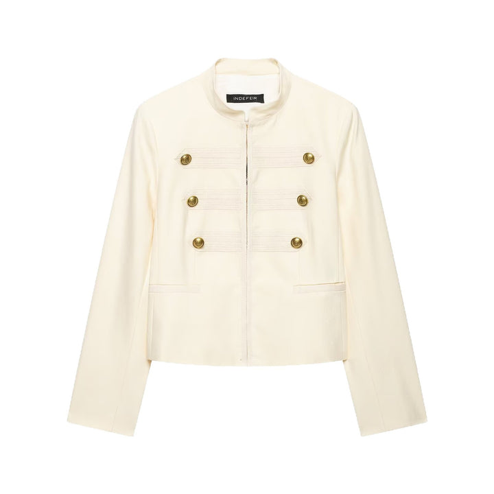 Damen Cropped Militärblazer mit Stehkragen, Zierstreifen und goldenen Statementknöpfen Echoarchiv