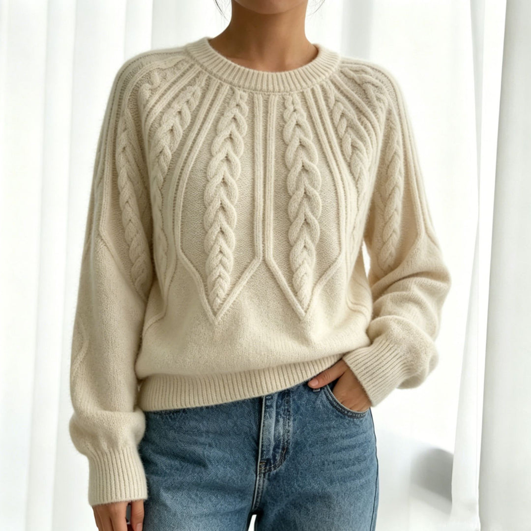 Damen kurzgeschnitteter Grobstrick-Zopfpullover mit Ballonärmeln – Mavelle