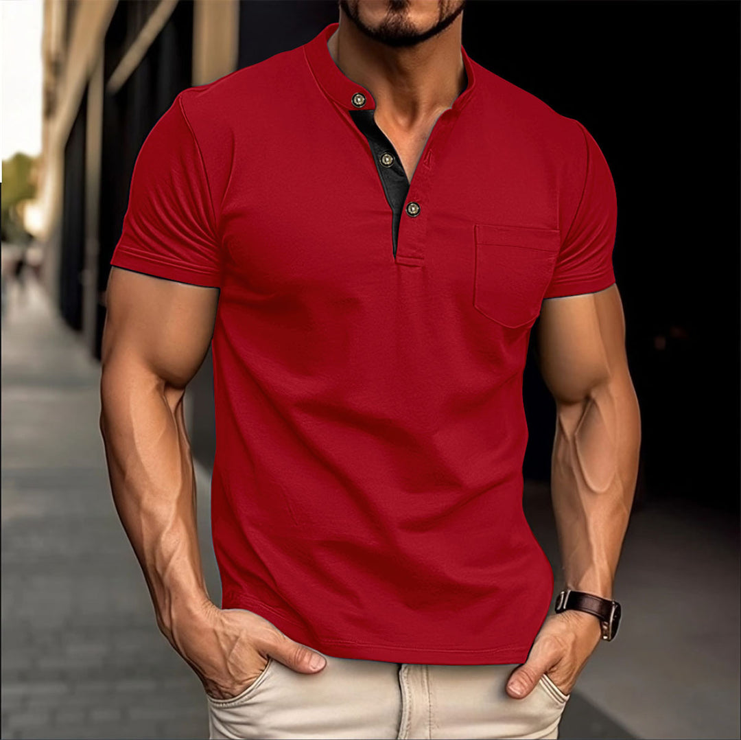 Herren Polo-Shirt mit modernem Stehkragen und dekorativen Druckknöpfen Echoarchiv