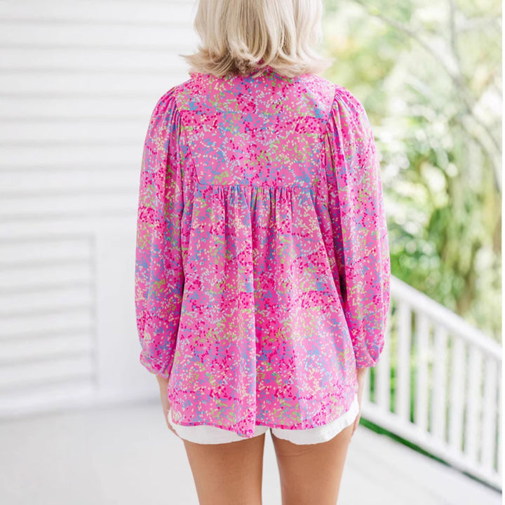 Damen Locker geschnittene Blumenbluse mit V-Ausschnitt und geraffter Passe – Avérine
