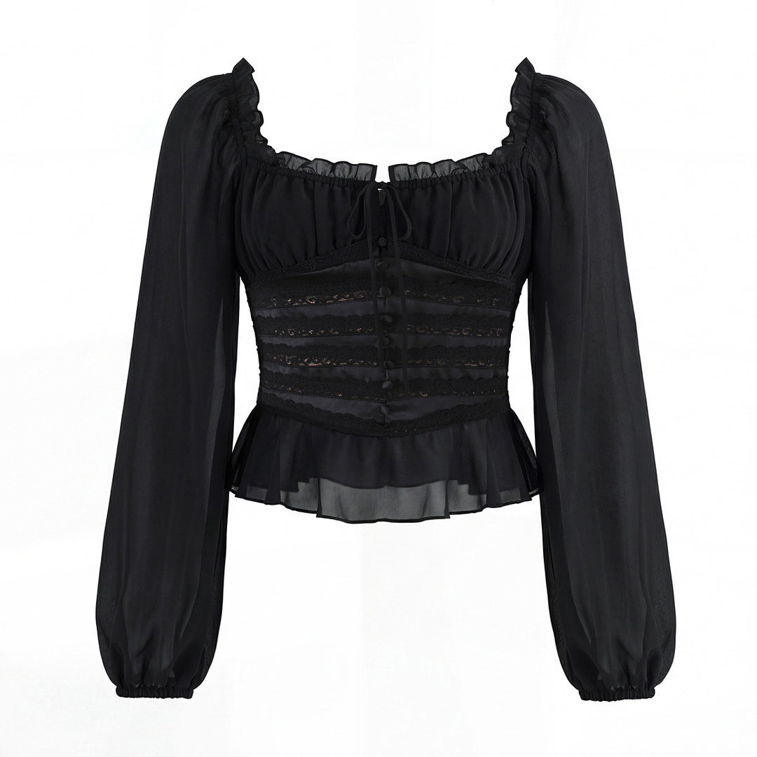 Damen Corsagenbluse mit Spitzen‑Corsage, gerafftem Dekolleté und Volantsaum Echoarchiv