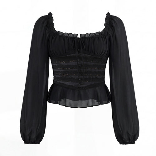 Damen Corsagenbluse mit Spitzen‑Corsage, gerafftem Dekolleté und Volantsaum Echoarchiv