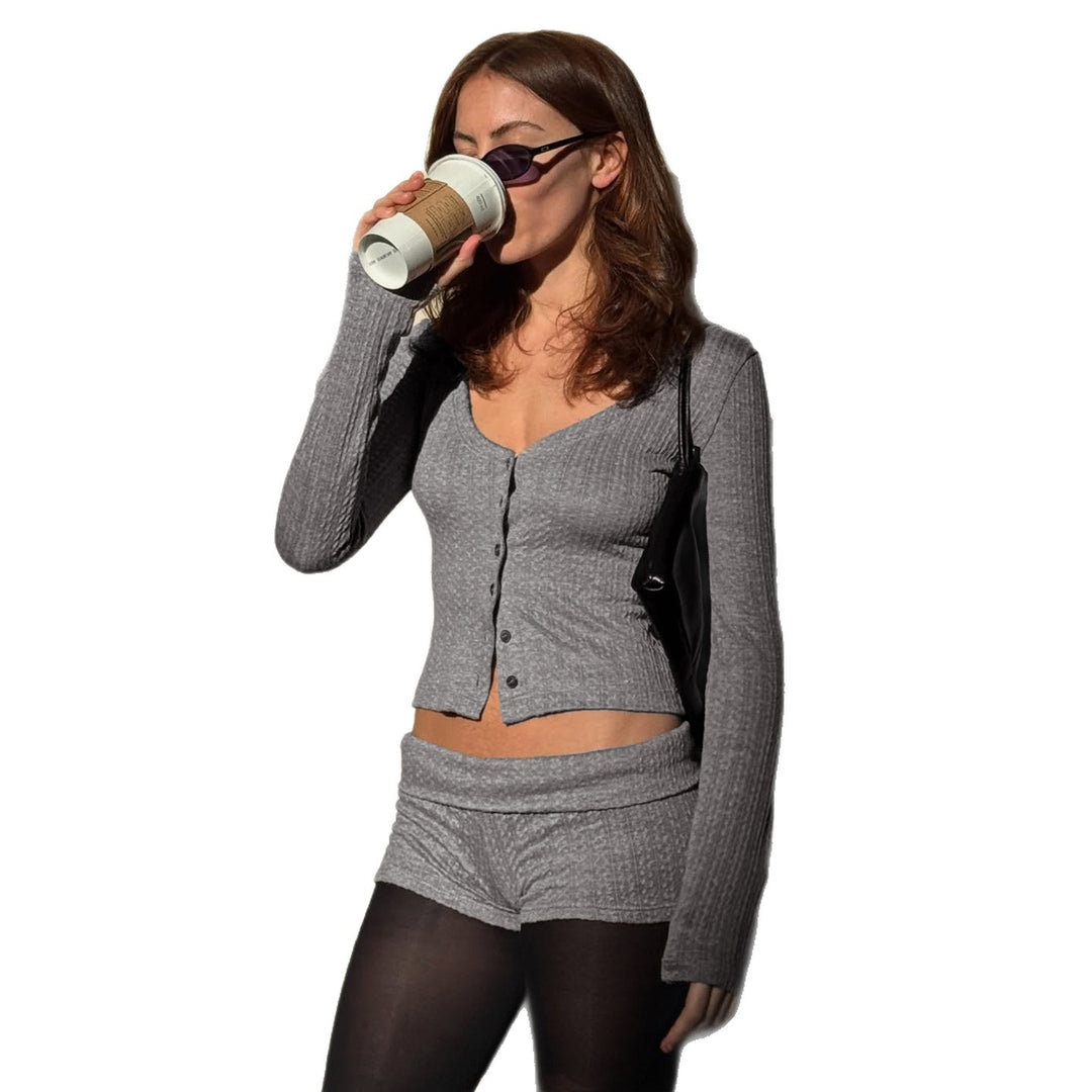 Damen nan geripptes Lounge-Set mit U-Ausschnitt Cropped-Cardigan und Highwaist-Shorts Echo Archiv