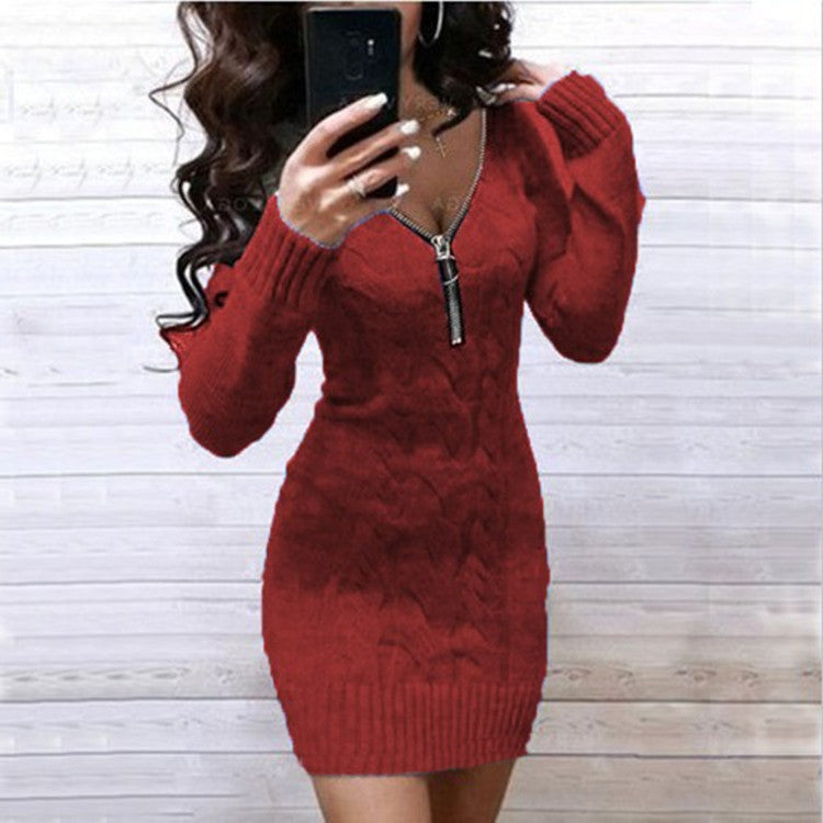 Damen Strickkleid mit Zipper und Kabelmuster Echoarchiv