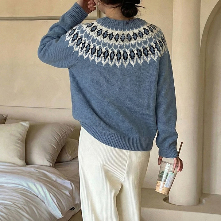 Damen Rundhals-Pullover mit Jacquard-Yoke und Relaxed-Fit Echoarchiv