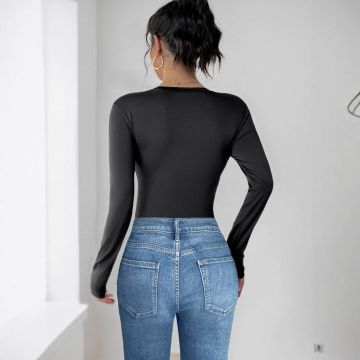 Damen Figurbetonter Langarm-Body mit dreidimensionalen Rosenapplikationen Echoarchiv