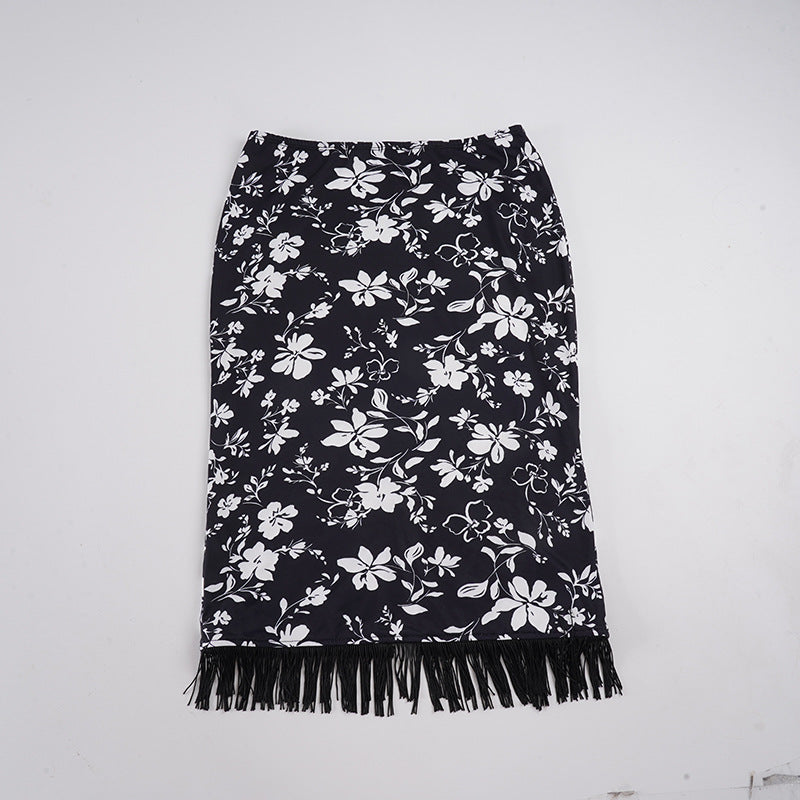 Damen Midirock Bleistiftrock mit floralem Print und Fransenbesatz Echo Archiv