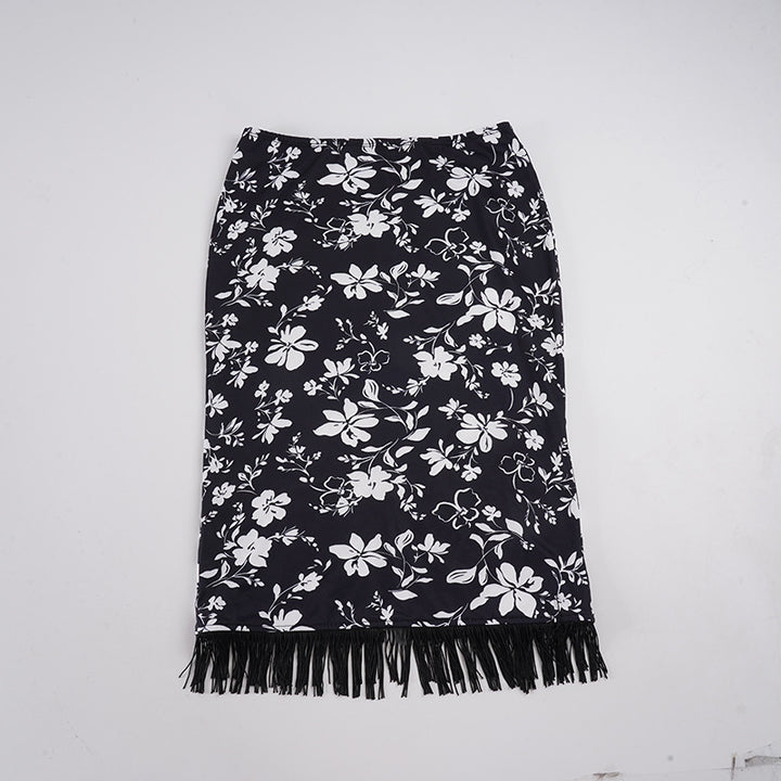 Damen Midirock Bleistiftrock mit floralem Print und Fransenbesatz Echo Archiv