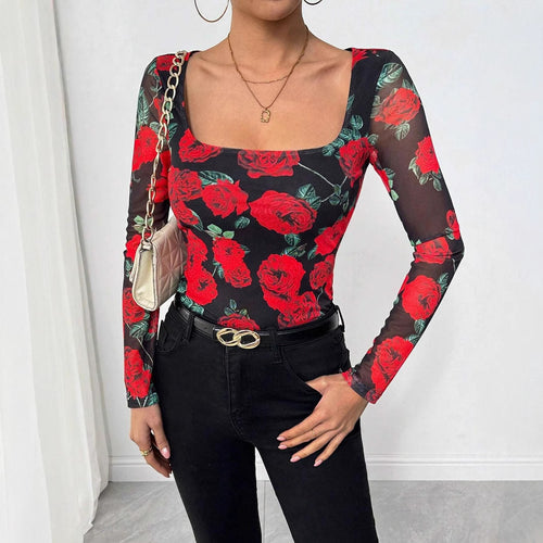 Damen nan figurnahes Stretchshirt mit quadratischem Ausschnitt, feiner Meshstruktur und großflächigem Rosenprint Echo Archiv