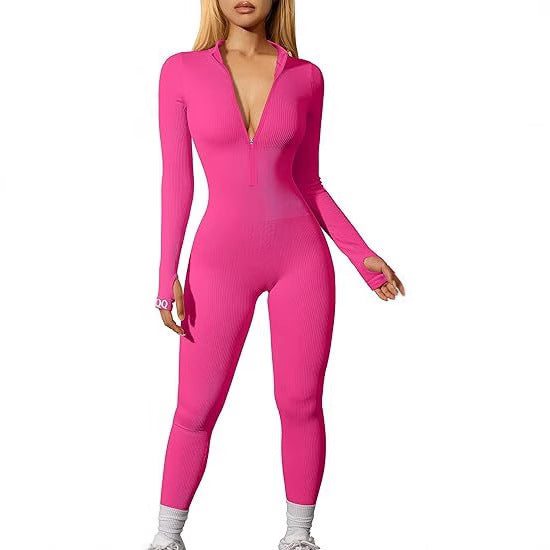 Damen nan figurbetonter Ripp-Jumpsuit mit hohem Halsausschnitt, langem Arm und sculptender Nahtführung Echo Archiv