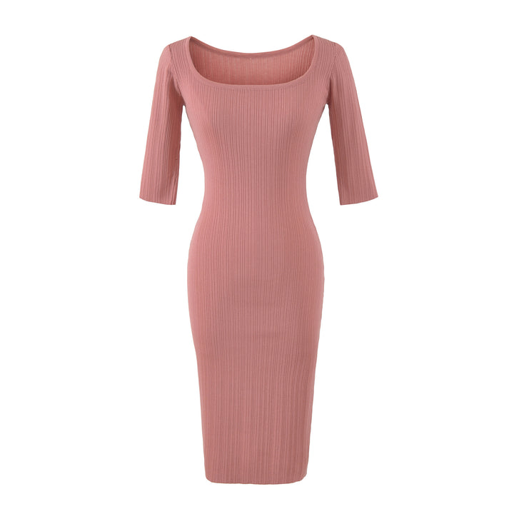 Damen Geripptes Midikleid mit quadratischem Ausschnitt und dreiviertelärmeln Echoarchiv