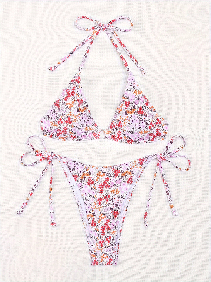 Damen Triangel-Bikini mit floralem Muster und verstellbaren Bindebändern Echo Archiv