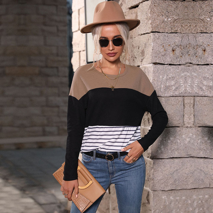 Damen Leichtes Rundhals‑Strickshirt mit Waffelstruktur‑Schulter und maritimem Streifenbund Echoarchiv