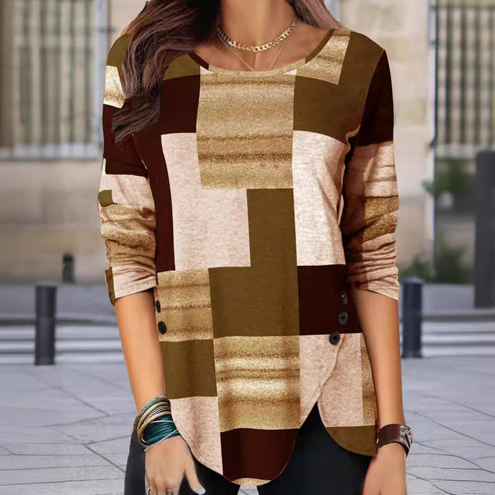 Damen gemustertes Langarm-Tunika-Shirt mit asymmetrischem Saum und dekorativer Knopfleiste Echoarchiv