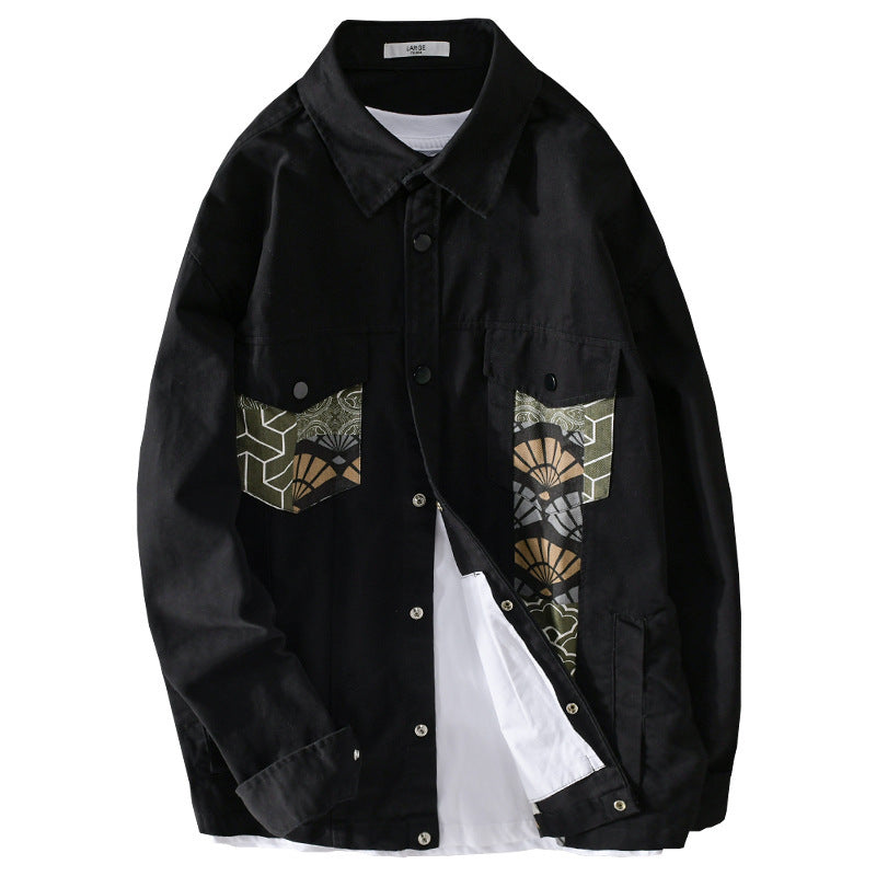 Herren Leichtes Canvas-Overshirt im Worker‑Stil mit japanischem Musterpatch und Druckknopfleiste Echoarchiv