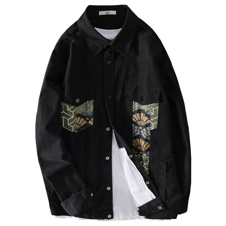 Herren Leichtes Canvas-Overshirt im Worker‑Stil mit japanischem Musterpatch und Druckknopfleiste Echoarchiv