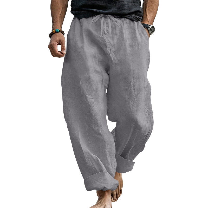 Herren Locker geschnittene Leinen-Loungehose mit Kordelzug, Umschlagsaum und Taschen – Sorevano