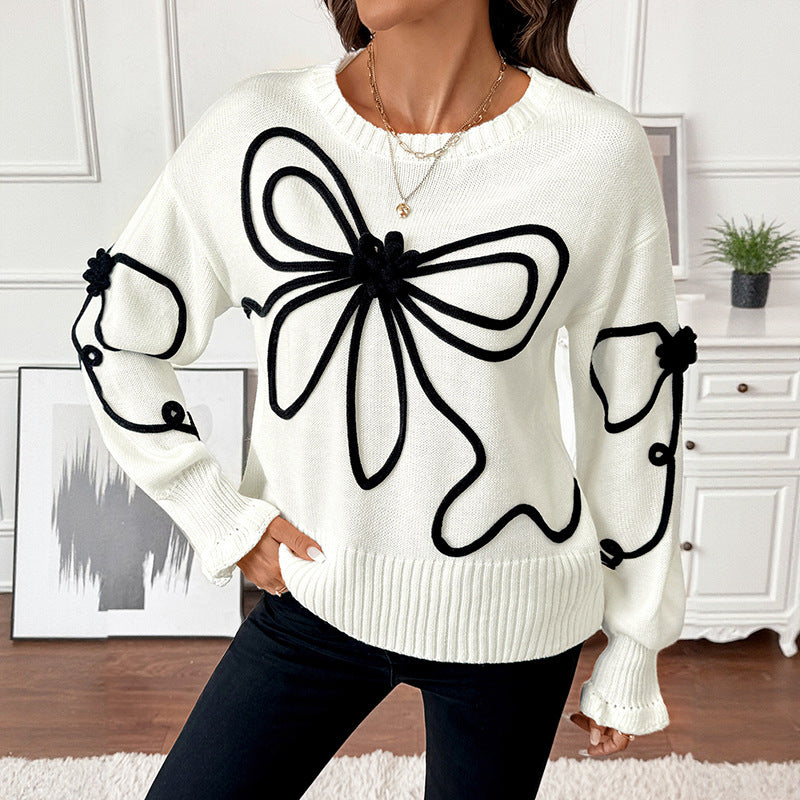Damen Strickpullover mit kontrastierter Kordelblumenapplikation und Rippbündchen Echoarchiv
