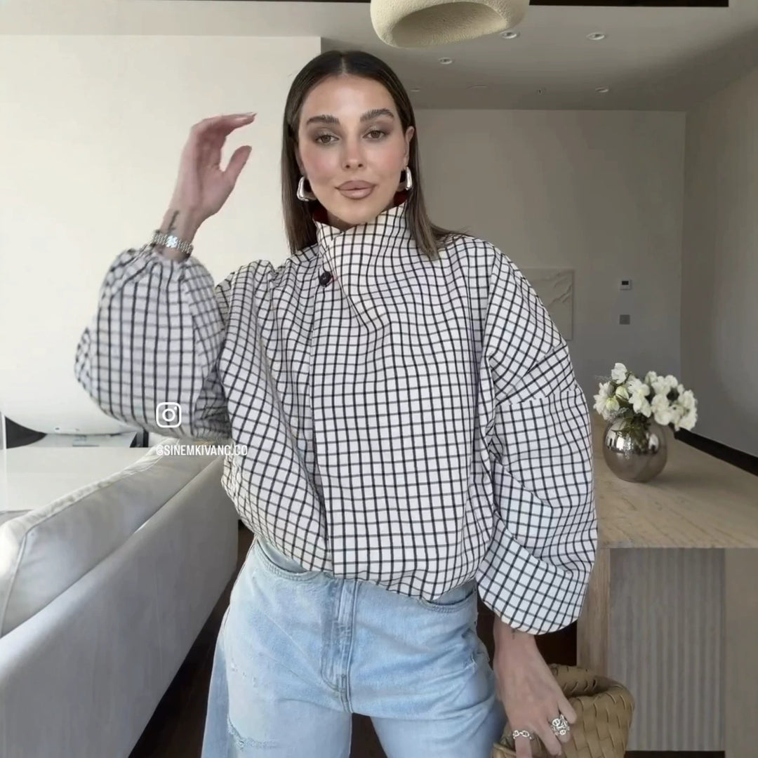 Damen Oversize-Bluse mit Stehkragen, karierter Optik und Ballonärmeln Echo Archiv