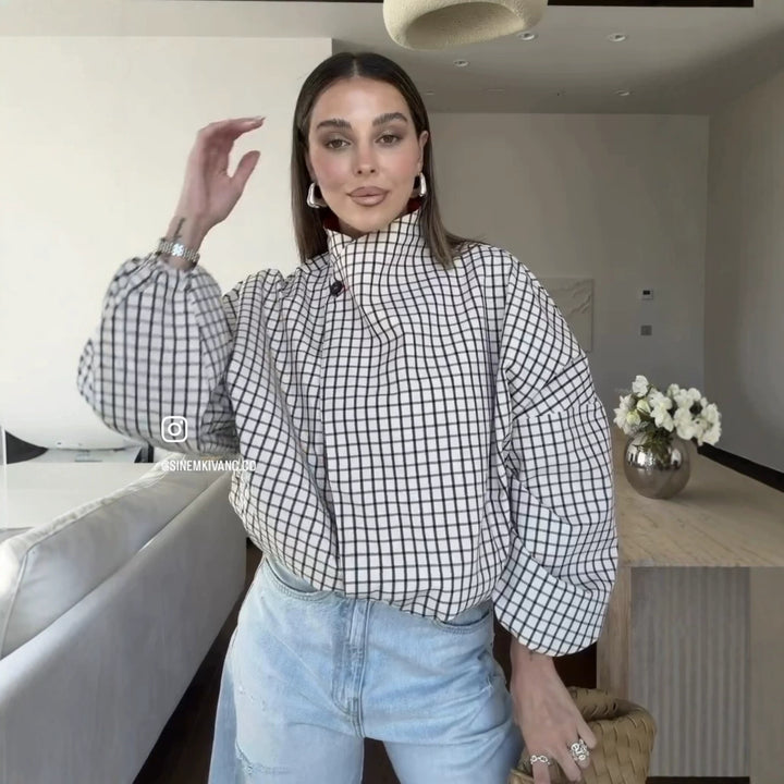 Damen Oversize-Bluse mit Stehkragen, karierter Optik und Ballonärmeln Echo Archiv