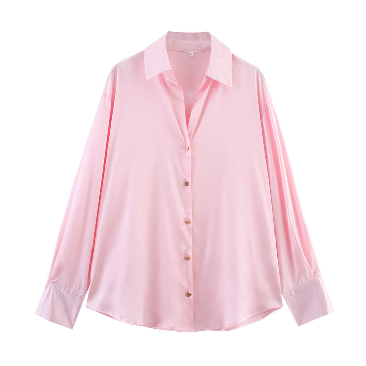 Damen nan oversized Satinbluse mit Hemdkragen, verlängerten Manschetten und abgerundetem Saum Echo Archiv