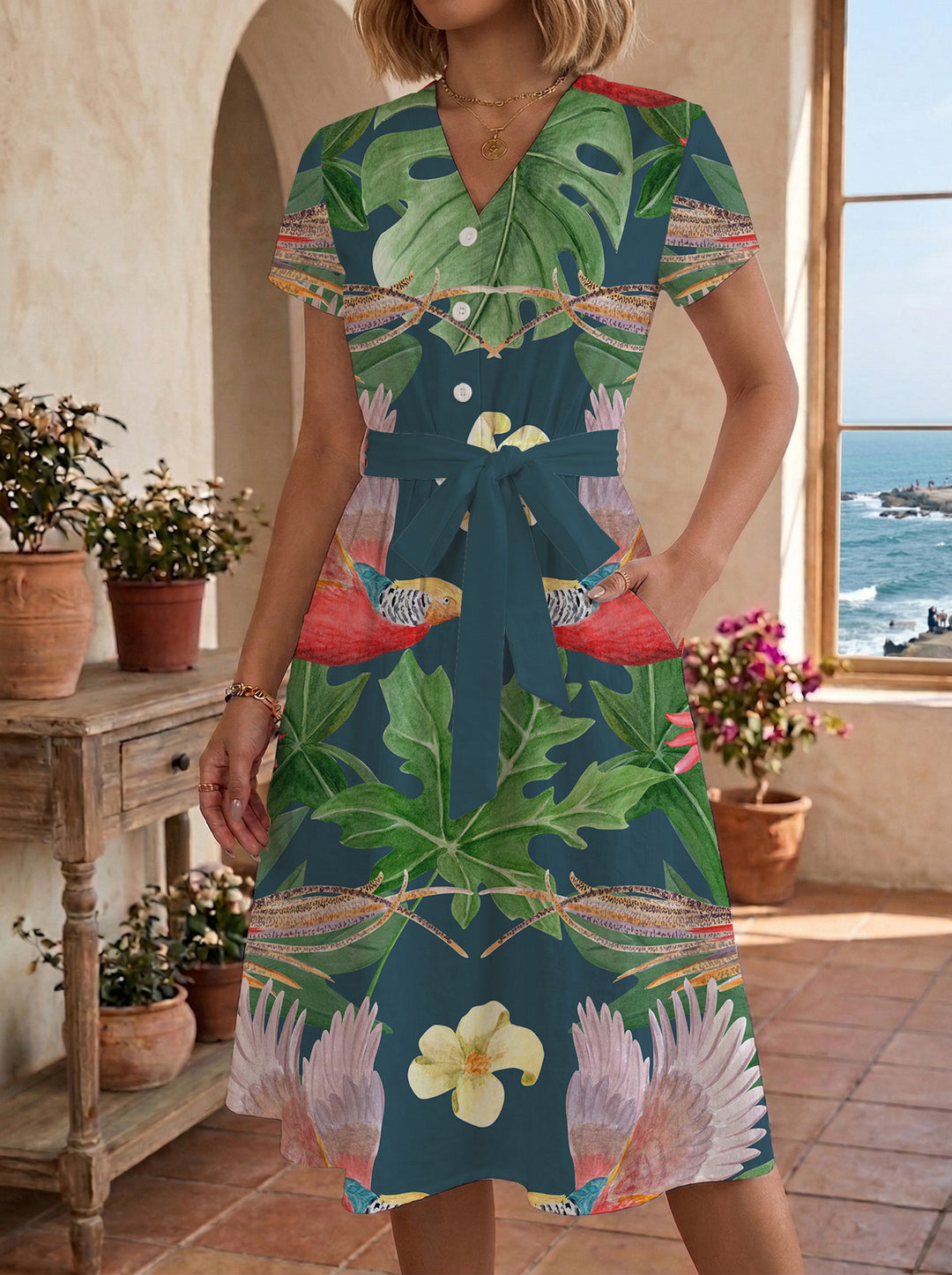 Damen Midikleid mit floralem Muster und Taillengürtel Echo Archiv