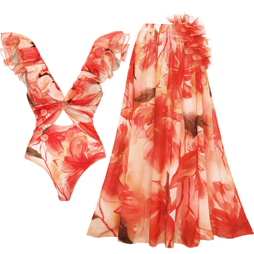 Damen Einteiler Badeanzug mit floralen Rüschendetails Echo Archiv
