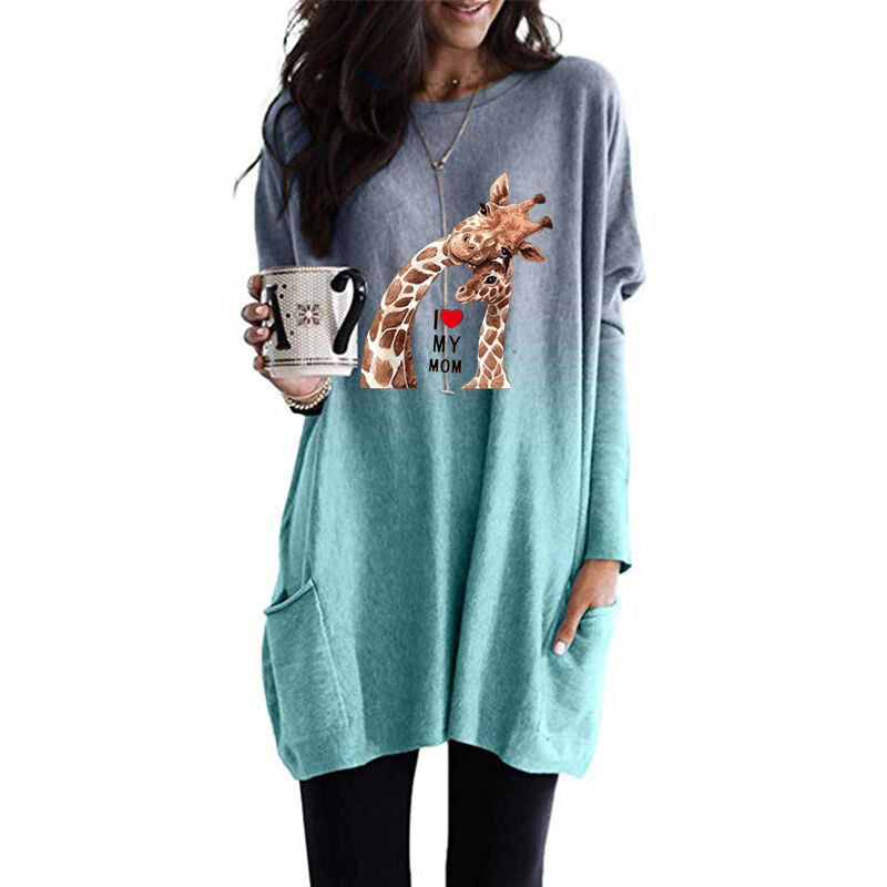 Frauen Übergroße Sweatkleid mit Giraffenmuster, Rundhalsausschnitt und Seitentaschen Echoarchiv