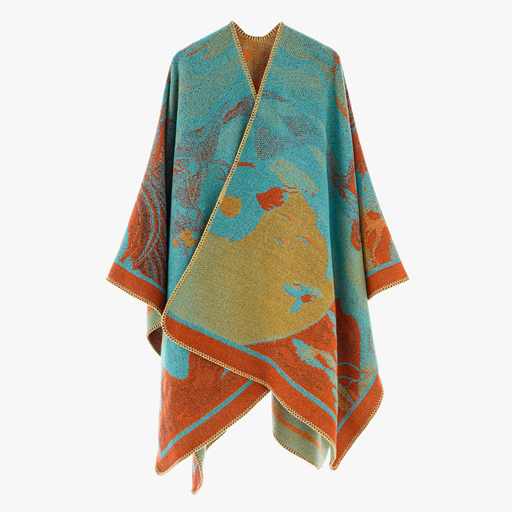 Damen Jacquard‑Strickcape mit floraler Grafik und asymmetrischem Saum Echo Archiv