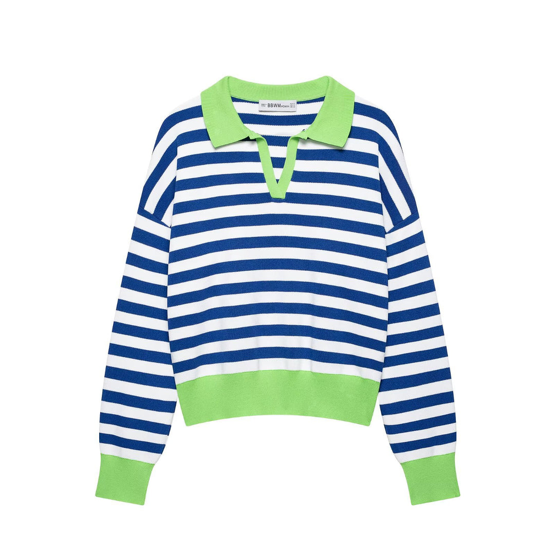 Damen Gestreifter Strickpolo-Sweater mit V-Ausschnitt und breitem Rippbund Echo Archiv