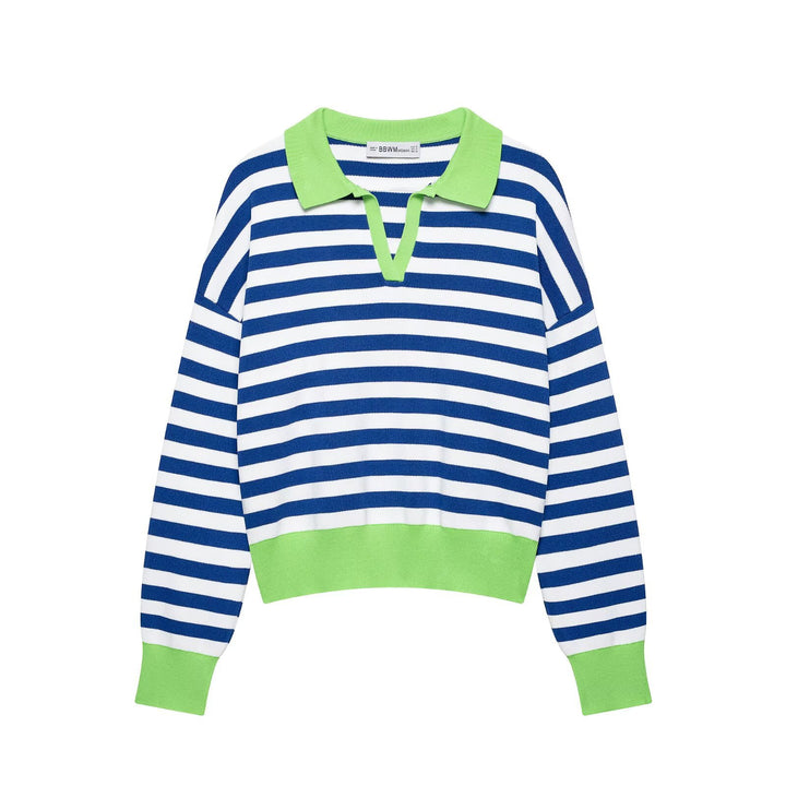 Damen Gestreifter Strickpolo-Sweater mit V-Ausschnitt und breitem Rippbund Echo Archiv