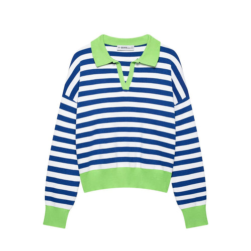 Damen Gestreifter Strickpolo-Sweater mit V-Ausschnitt und breitem Rippbund Echo Archiv
