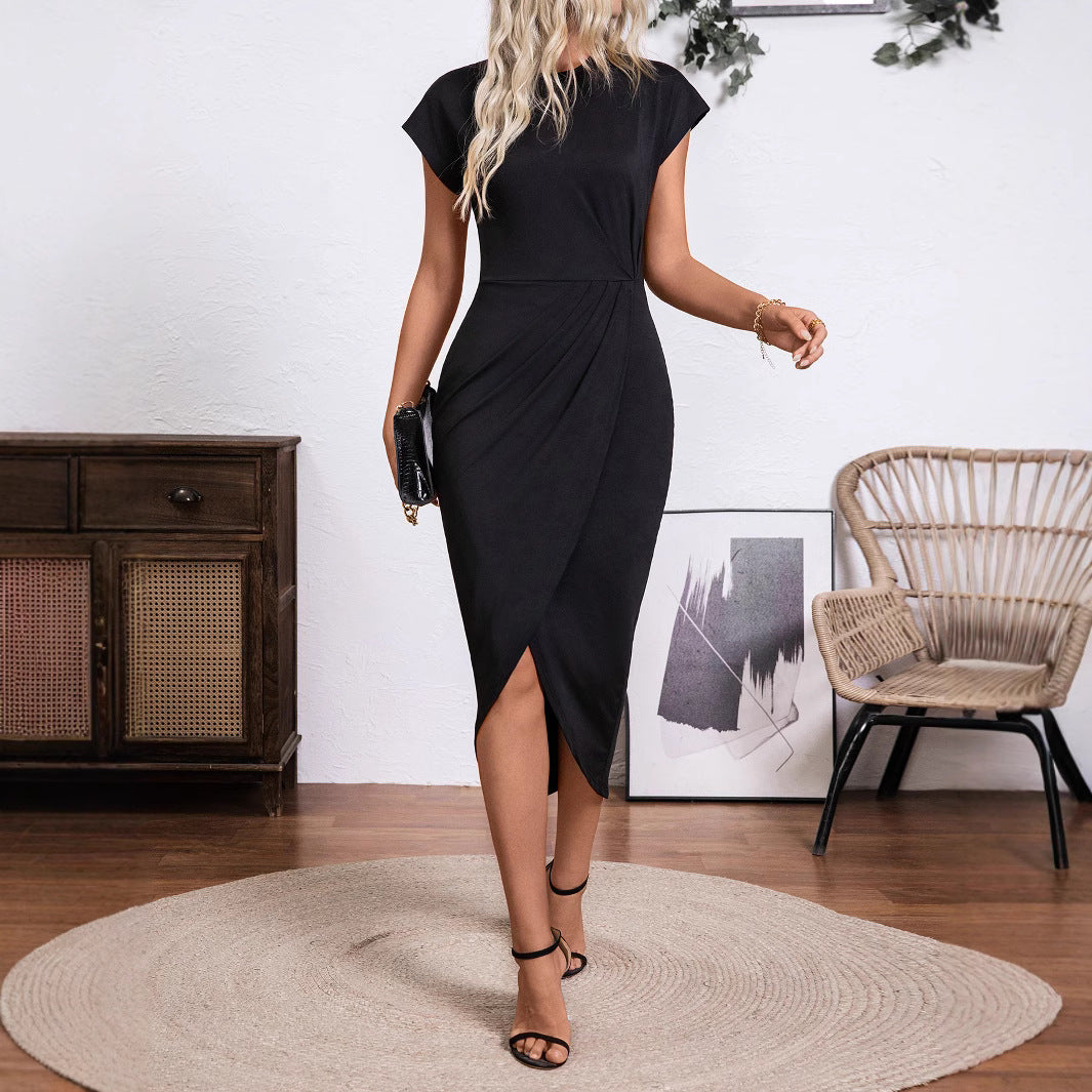 Damen Wickel-Midikleid mit Drapierter Tulpenfront und kurzen Cap-Ärmeln – Avérine