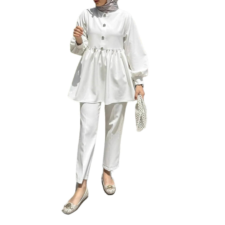Damen Elegantes Tunika‑Hosen‑Set mit geraffter Empire‑Tunika und schlanker Anzughose Echoarchiv